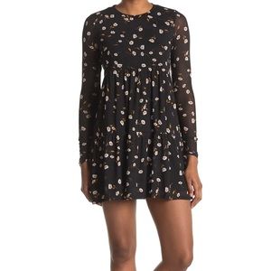 AFRM Floral Print Long Sleeve Babydoll Dress Women’s S Black